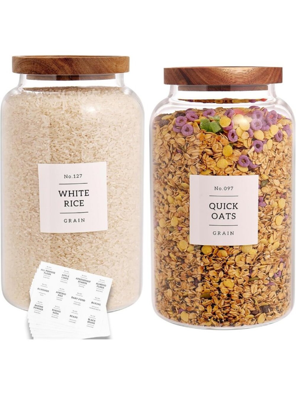 Set of 2 Large Airtight Glass Storage Jars with Acacia Lids & 132 Pantry Labels